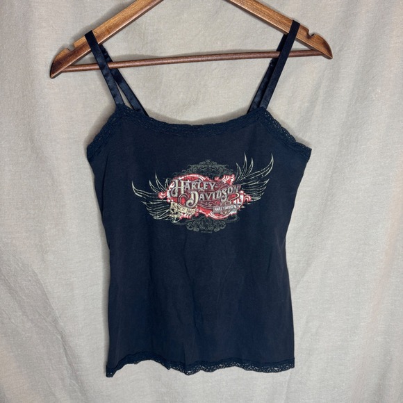 Harley-Davidson Tops - Harley-Davidson Womens Black Lace Trim Graphic Cami Tank Top Large Barnett 2011